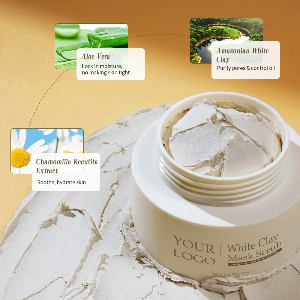 Private Label Reduce Blackheads Exfoliating Face Deep Pore Cleansing Kaolin Mud Facial White Clay Mask