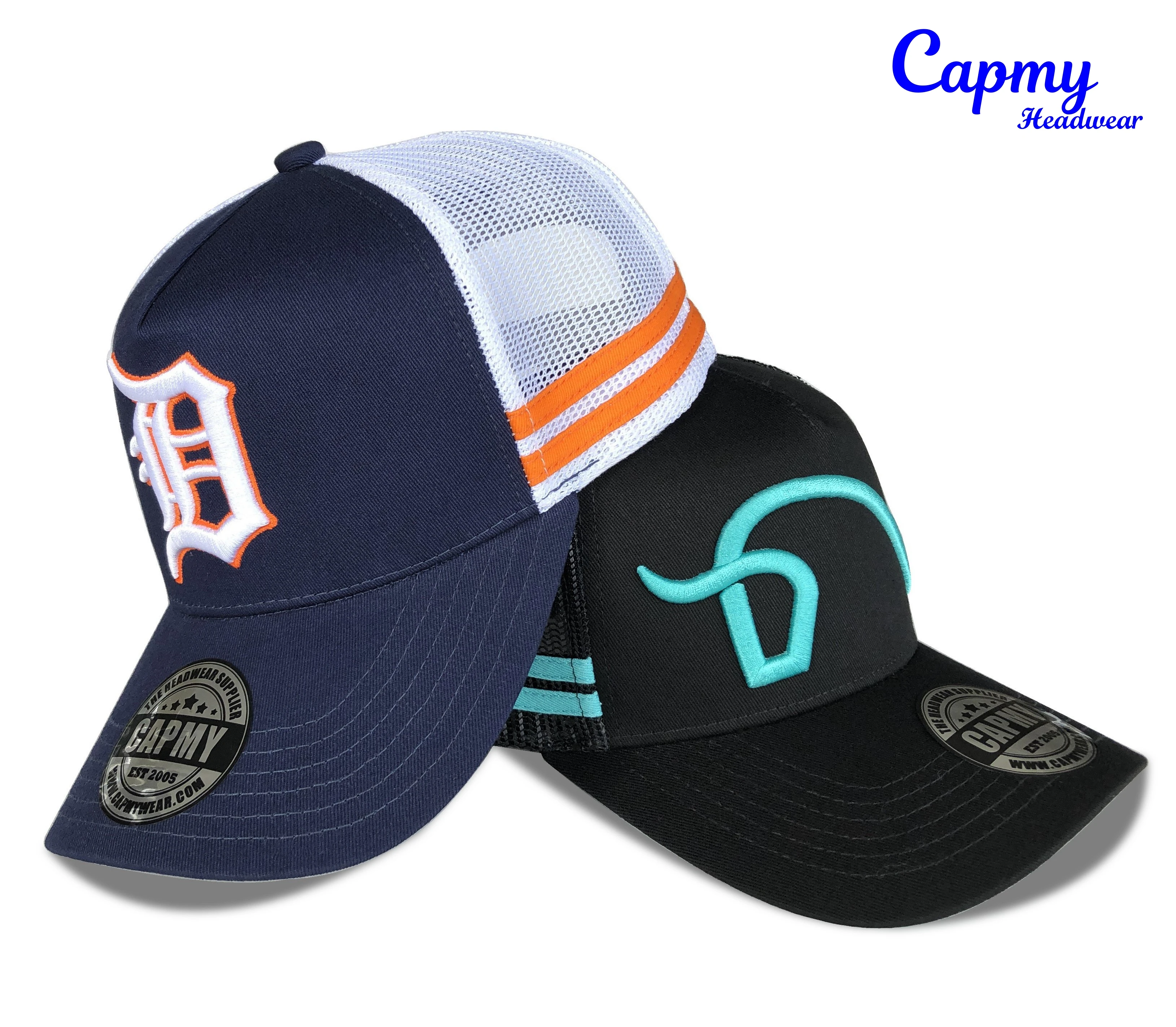 High Profile Mold Two-tone 100% Cotton Fabric 5 Panel Trucker Hat Customized 3d Embroidery Logo Mesh Suede Strip Trucker Cap