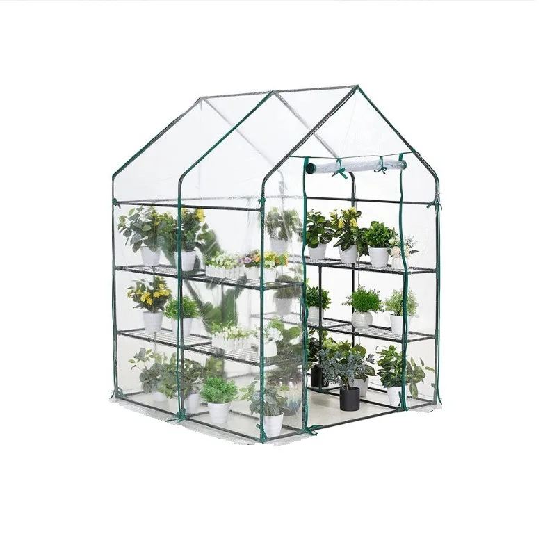 Walk in Greenhouse with steel frame and reinforced PE plastic cover 3 tier 4 wired shelves greenhouse plant growing