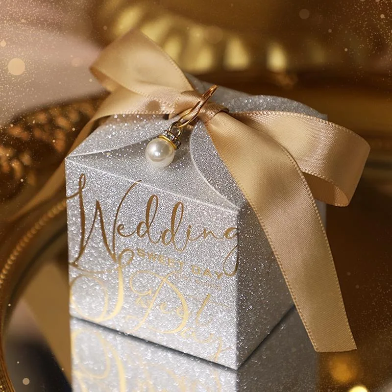 Custom Logo Gold Foil Wedding Candy Box Square Shape Chocolate Favors with Ribbon for Guests Made from Paper