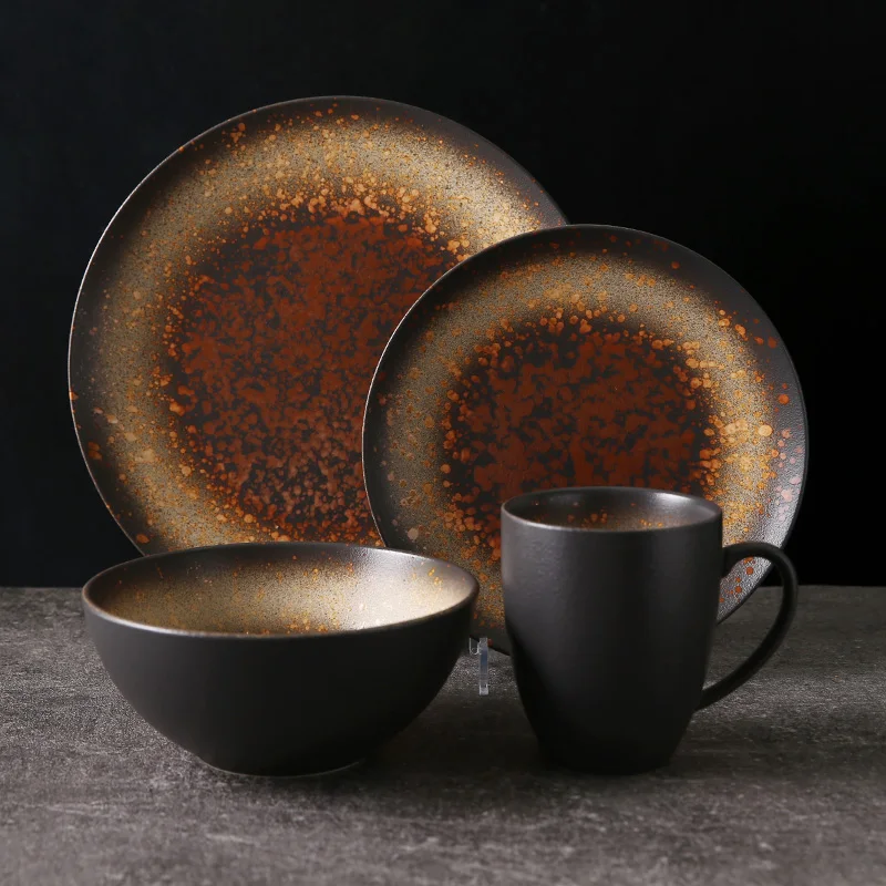 WEIYE eco-friendly rustic style vintage stoneware restaurant round japan brown dinner ceramic plate for sushi food