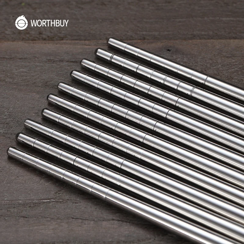 
WORTHBUY 5 Pairs/Set Sushi Hashi Baguette Chinese Chopsticks Non-slip Stainless Steel Chopsticks Set Reusable Metal Food Sticks 