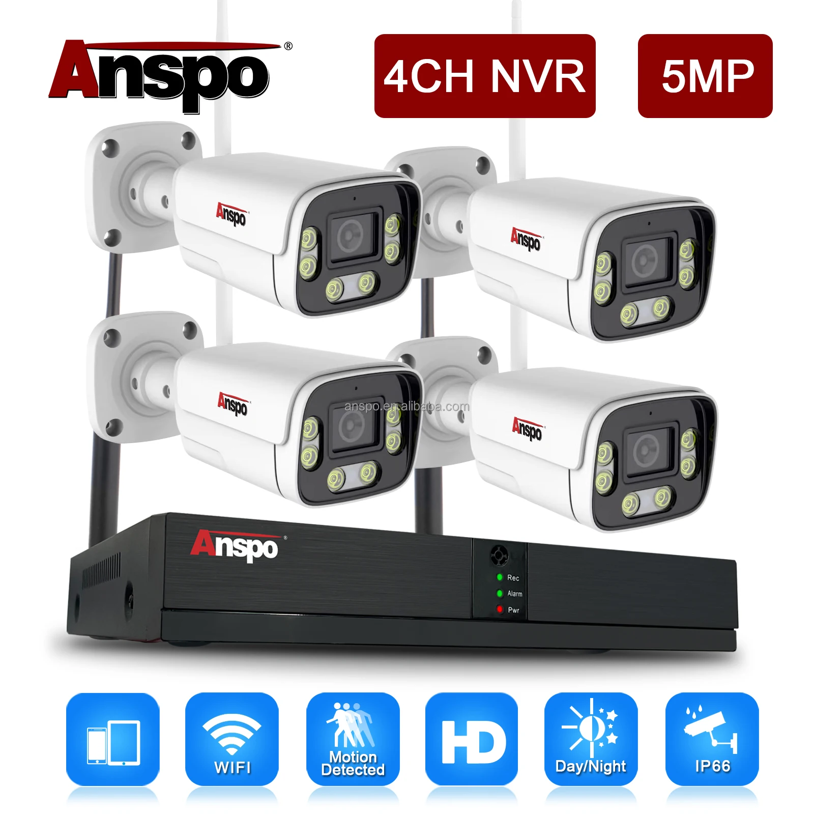 Anspo 5MP full color 4CH WIFI NVR KIT Wireless Security system 4 Channel audio Cctv Camera System 2k Cctv System Home Security