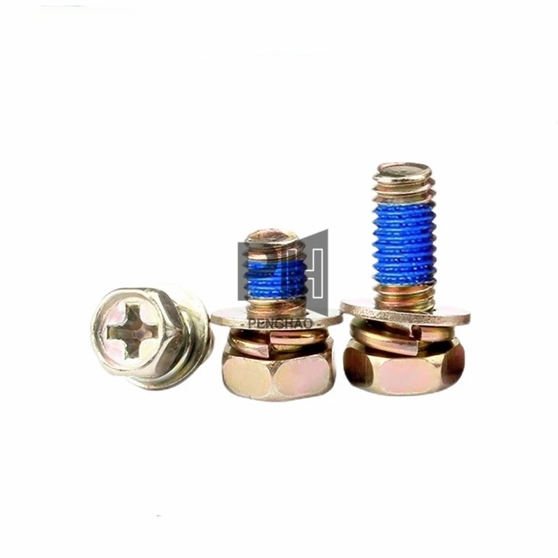 Colored Zinc Cross Hex Head  M3 M4 Adhesive Anti-Loose Three-Combination Screws with Flat and Spring Washer Nylon Blue Patch