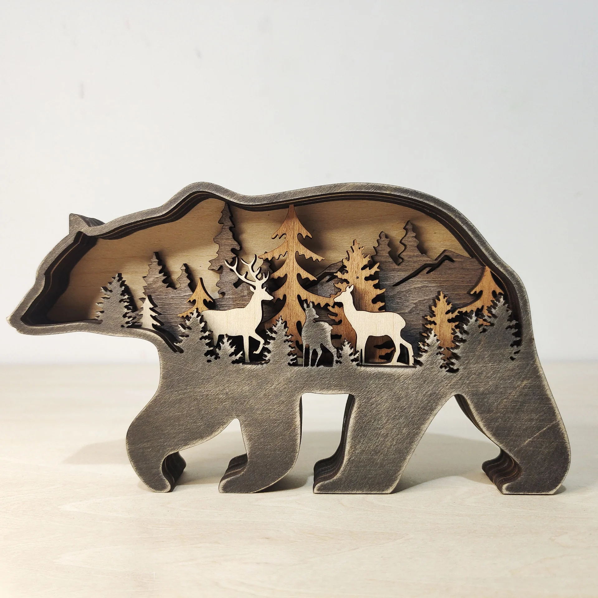 Natural Wood Bear Pattern Home Table Tabletop Wooden Cartoon Mini Animal LED Wooden Animal  Ornament