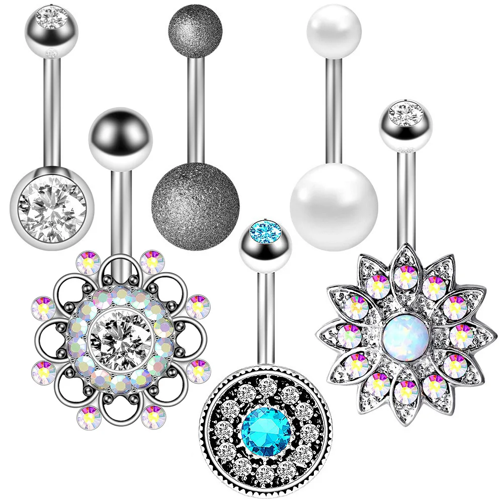 2024 Fashion Stainless Steel Navel Ring 6-Piece Set Opal Nail Body Piercing Jewelry Belly Button Nail Set