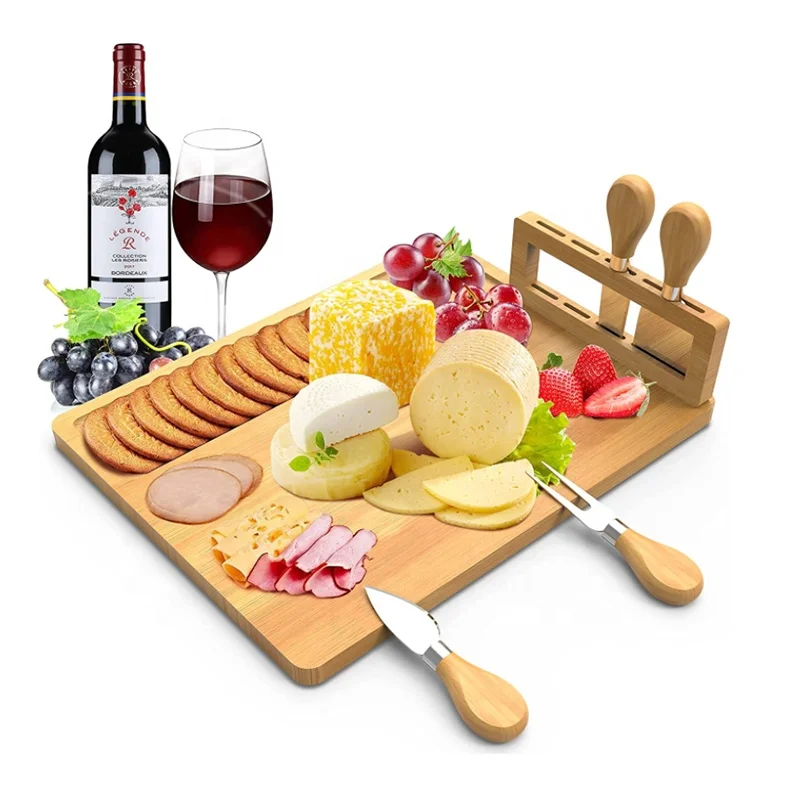 Cheese Board and Knife Set Wine Board Organic Bamboo Wood Charcuterie Platter Serving Board Cheese Tray with Cutlery