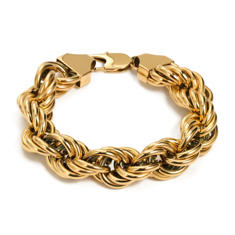 Hip Hop Custom Logo Bijoux Homme 16mm Twist Heavy Chunky Big Gold Plated Rope Chain Stainless Steel Jewelry Men Bracelet