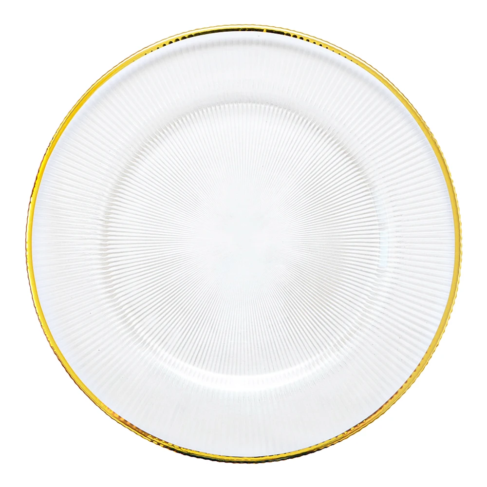 Wholesale Hot Sale Elegant Glass Charger Plate Stripe Pattern with Gold Rim Wedding Chargers