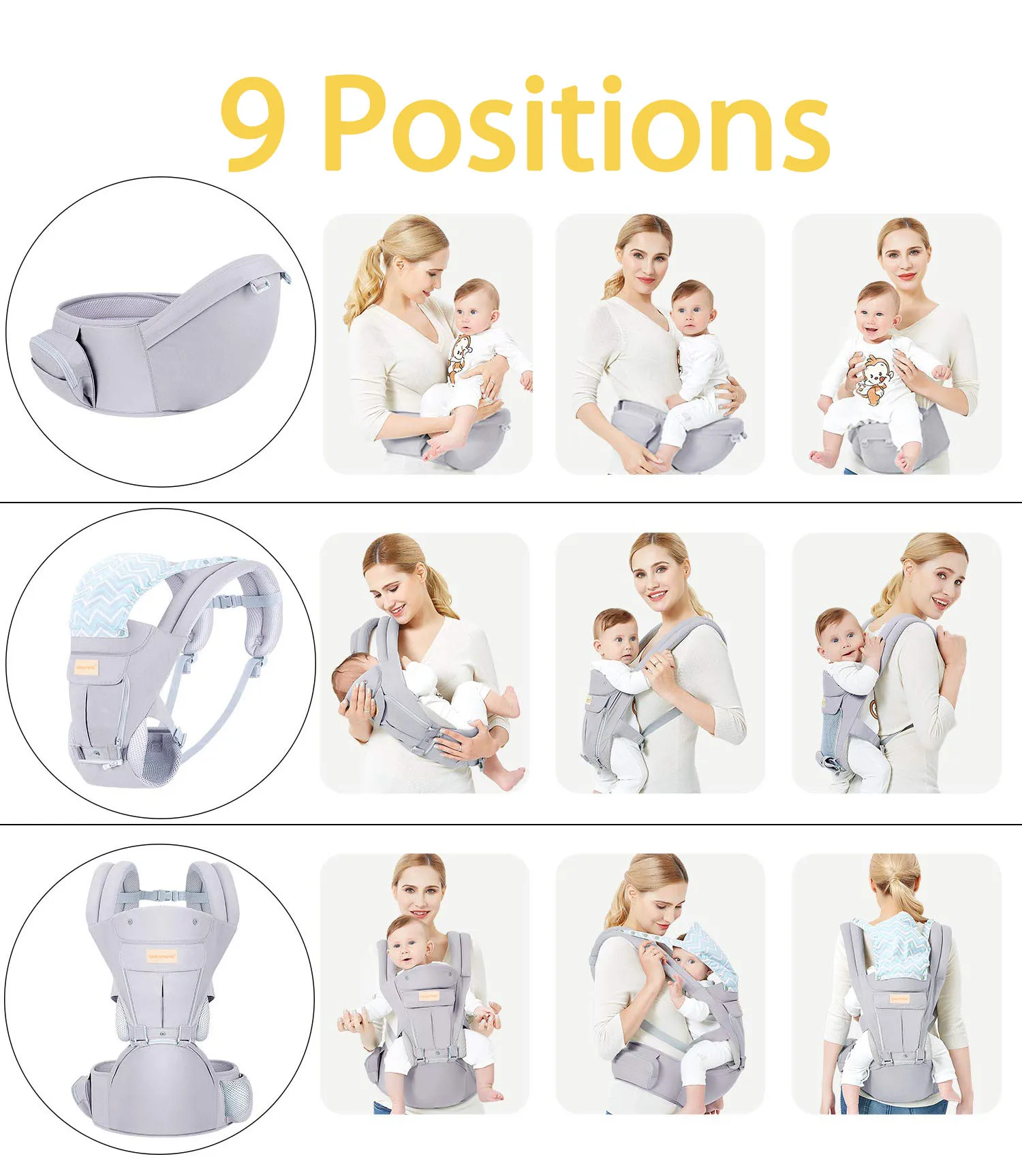 Amazon Hot Sale Ergonomic Hip Seat Baby Carrier 9 in 1 with Sunshade Hood and Bibs Front Backpacks