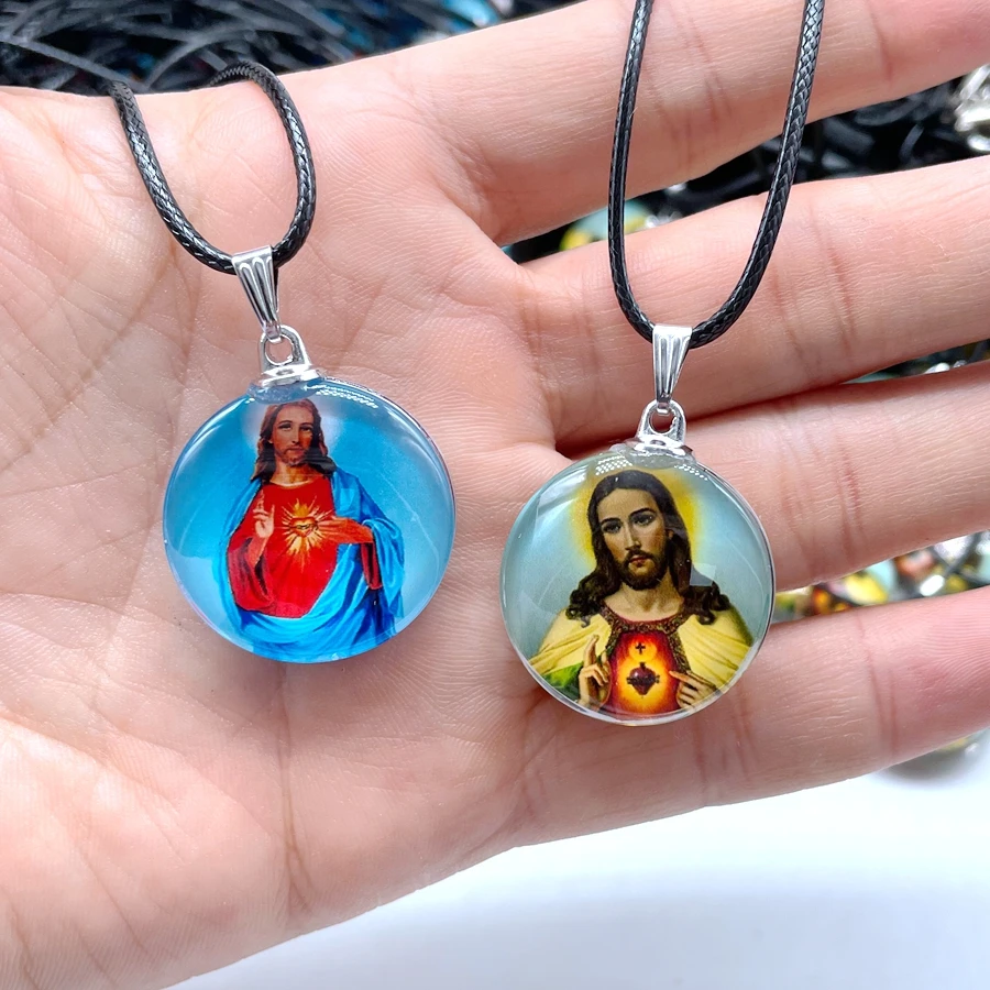 New Charm Glass Round Pendant Jesus Photo Catholic Maria Figure Jewelry Colorful Pattern Necklace 25 mm Crystal Gift