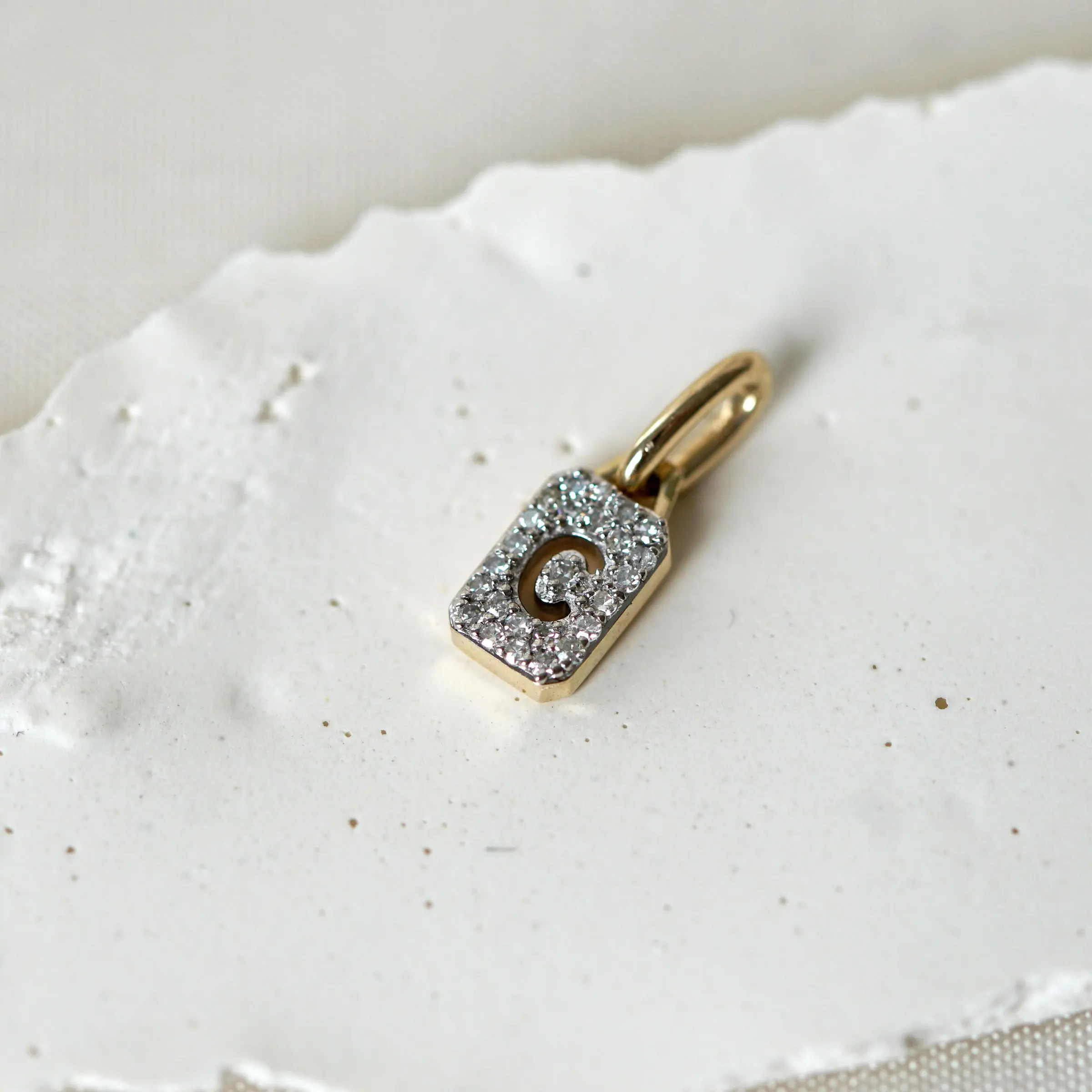 Rectangle 18K Gold Plated Tiny Micron Pave White CZ Tag 925 Sterling Silver Letter Pendant