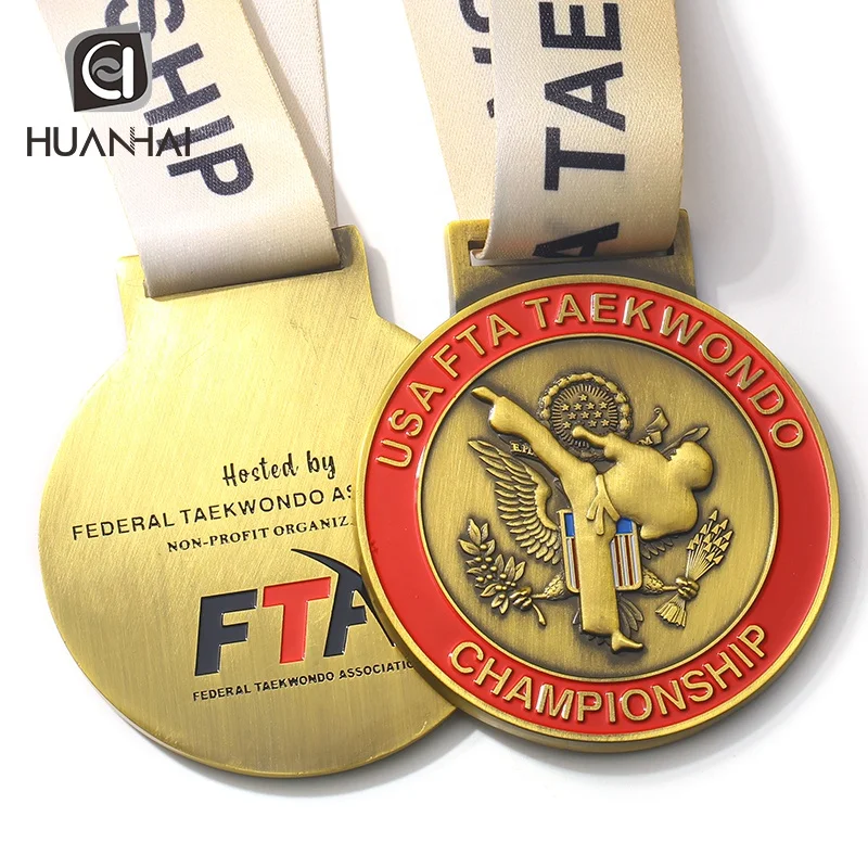 custom antique gold metal 3D enamel logo USA world taekwondo federation medals