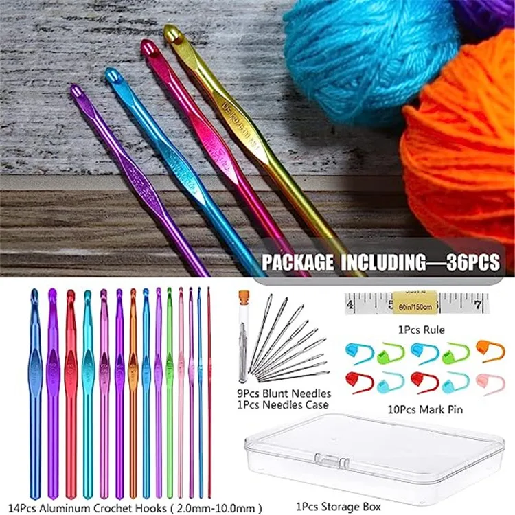 36Pcs Crochet Hooks Set 14pcs Aluminum Crochet Hooks Knitting Accessories Tools with Case Crochet Kits for Beginners Adults