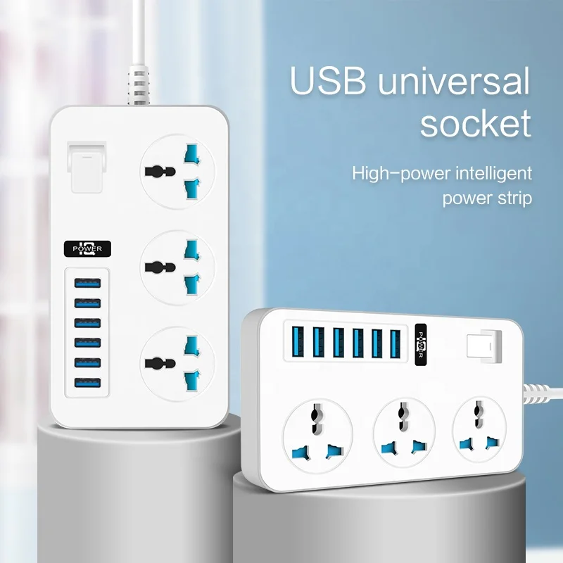 2021 hot-selling power strip with 3 sockets and 6 USB charging ports 2 meter long home and office extension cord