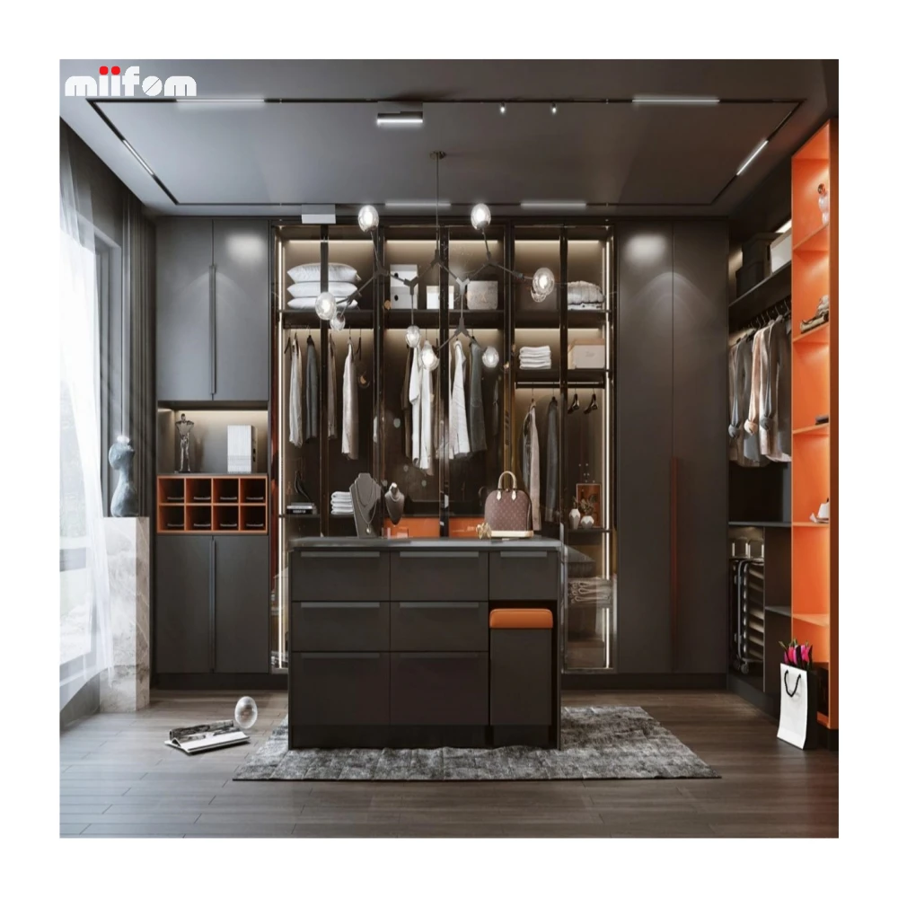 High Quality Modern Matt Black Orange Open Shelf Customized Wardrobe with LED Lights