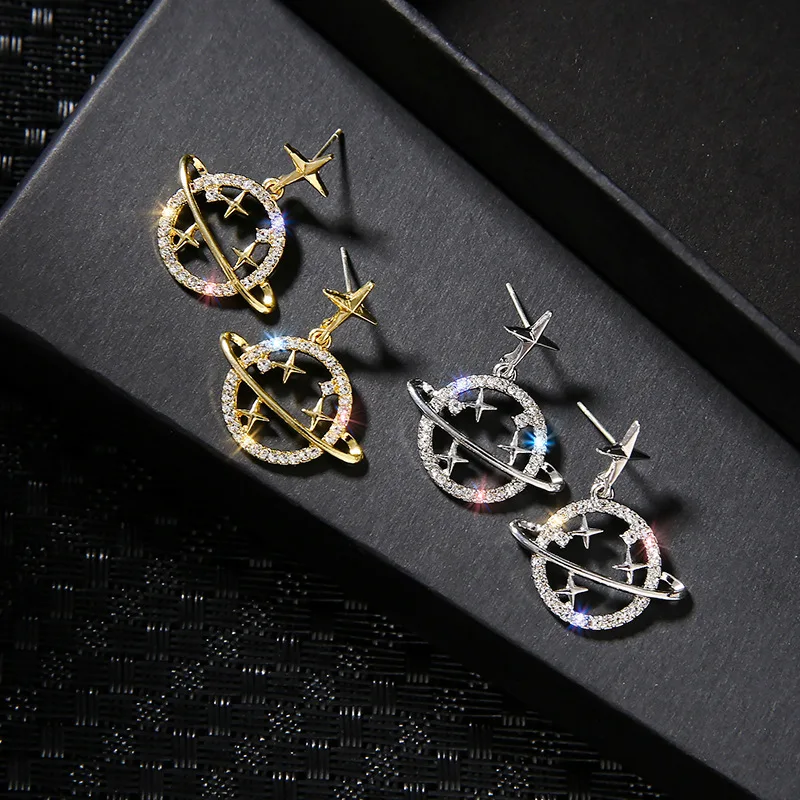 SC Fully Diamond Earrings Shiny Lovely Starry Sky Earrings Light Luxurious Universe Earrings For Students