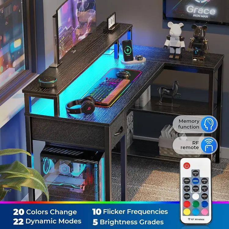 Wholesale L Shaped Computer Gaming Desk with Power Outlets & LED Lights Monitor Stand & Storage Shelf Home Office Corner Desk wi