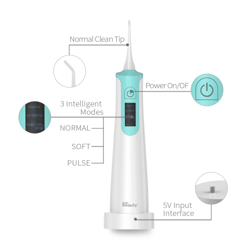 
IPX7 waterproof 3 modes smart portable water flosser oral irrigator with multiple hygienic tips 