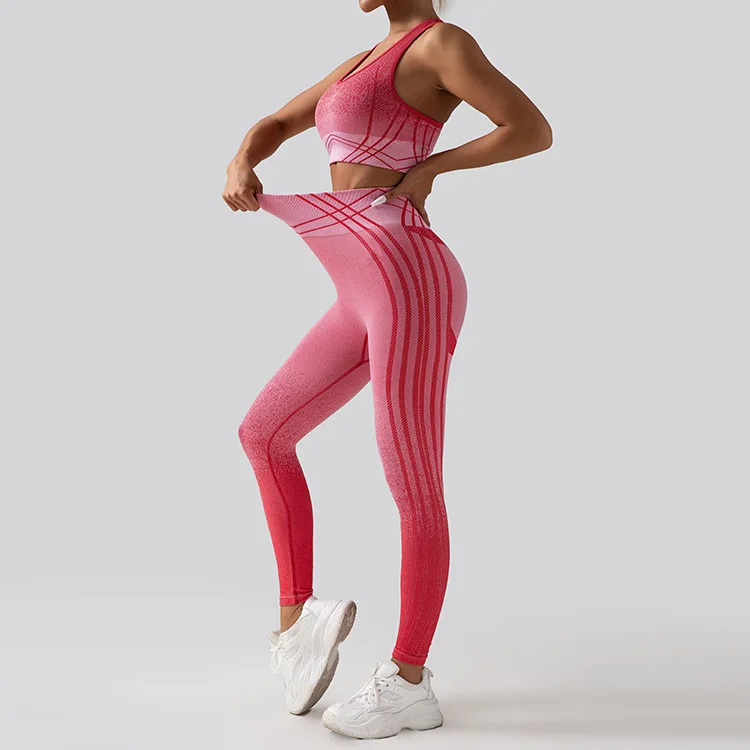 Wholesale 2023 New 2 Pcs Patterned Ombre Seamless Gym Wear Clothes for Women High Waist Leggings With Sports Bra Yoga Activewear