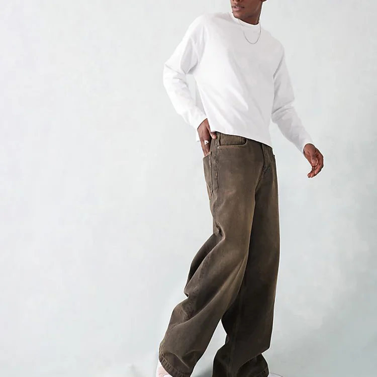 Wholesale Custom High Quality Wash Brown Loose Wide Leg Plus Size Baggy Jeans Pants For Men