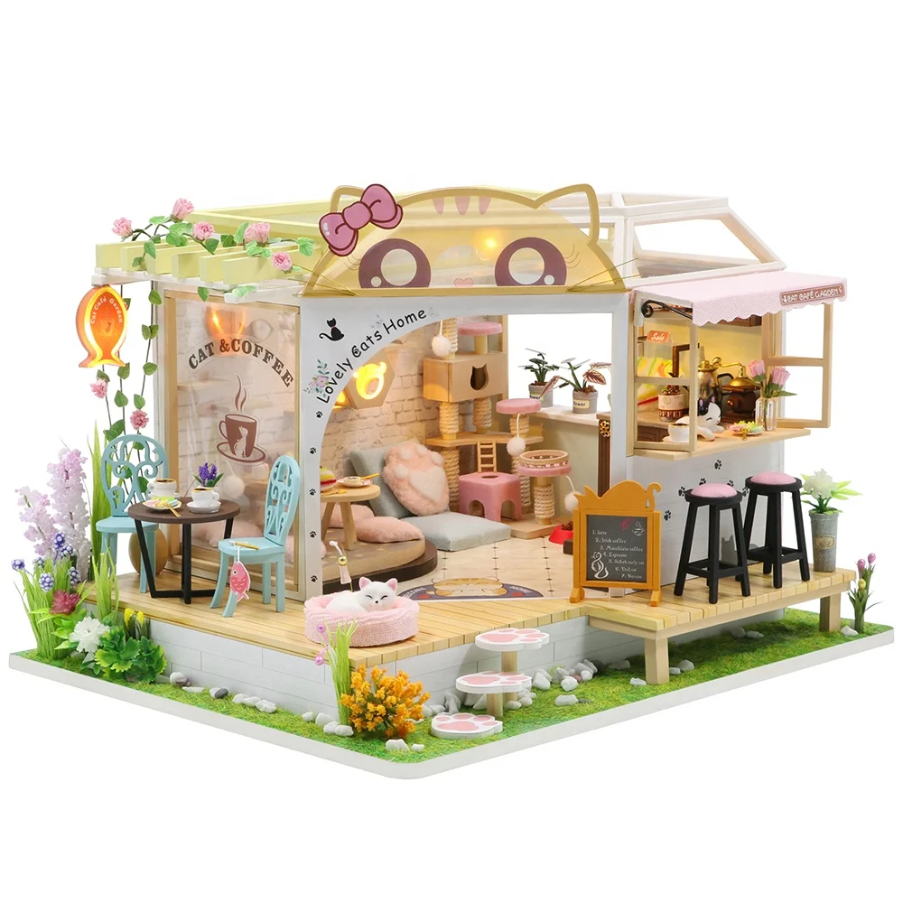 DIY Miniature Doll House Flower Cat Coffee Garden