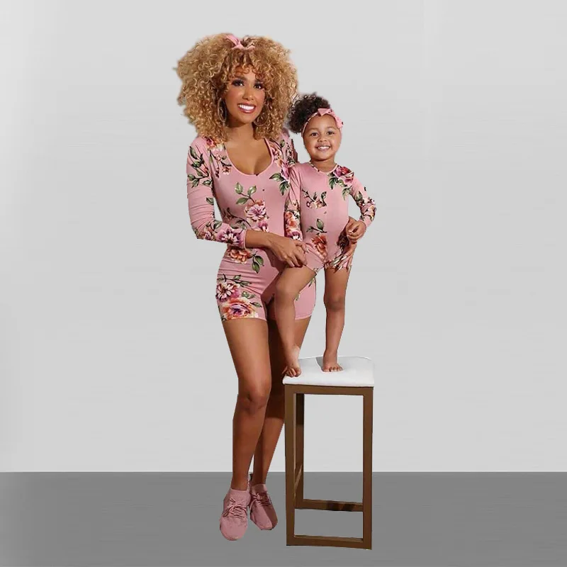  family look matching outfits clothes mum and daughter long sleeve floral twinning mommy me one piece