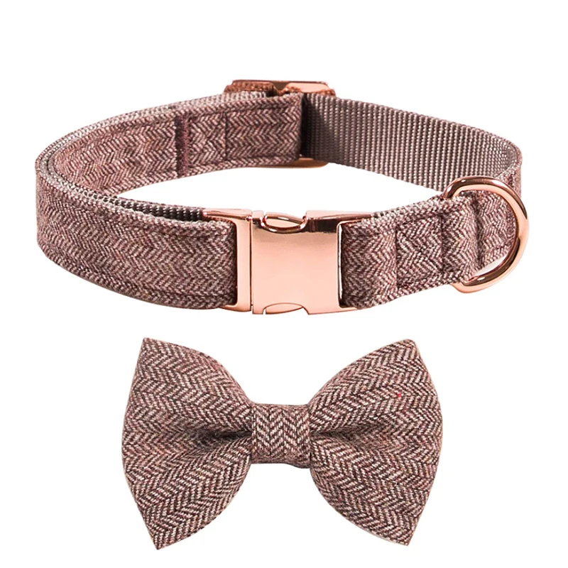 Оптовая продажа, индивидуальный брендовый шерстяной твидовый ошейник с розовыми золотыми пряжками, регулируемый ошейник для собак с бантом
