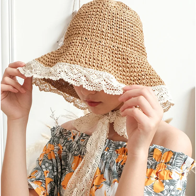Wholesale Foldable Wide Brim Paper Straw Cloche Beach Sun Hat Cute Summer Hat with for Women Vacation sun protection hat