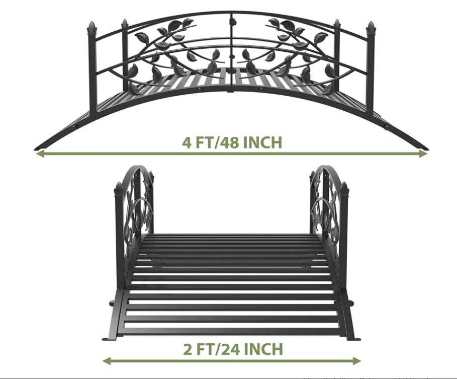 4 Ft Black Leaf Design Garden Metal Arch Bridge Backyard Iron Bridge Footbridge with Security Guardrail Backyard Decor
