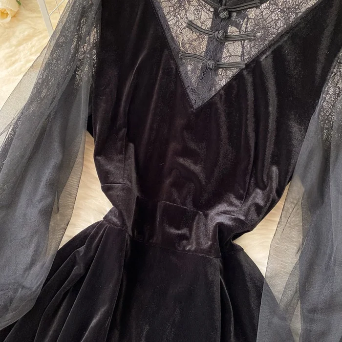 Korean Chic Long Sleeve Lace Patchwork Velvet Dress Women Evening Dresses Clothing