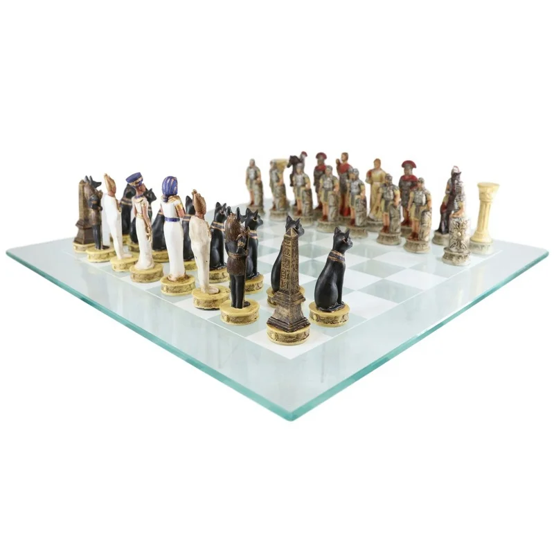 Customized Antique Pharaoh Egyptian VS Caesar Roman Empire Resin Figurine Chess Pieces Set Magnetic Custom Shaped Chess Sets