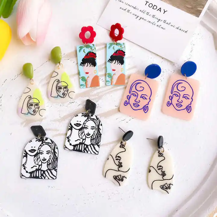 Fashion Trendy Jewelry 2023 Diy Graffiti Flower Resin Acrylic Dangle Polymer Clay Designer Earrings