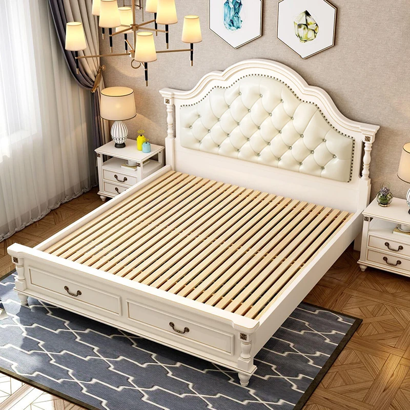 American Style Solid Wood High Box Storage Light Luxury Carved Bed Head Bedroom Furniture Set Double Bed