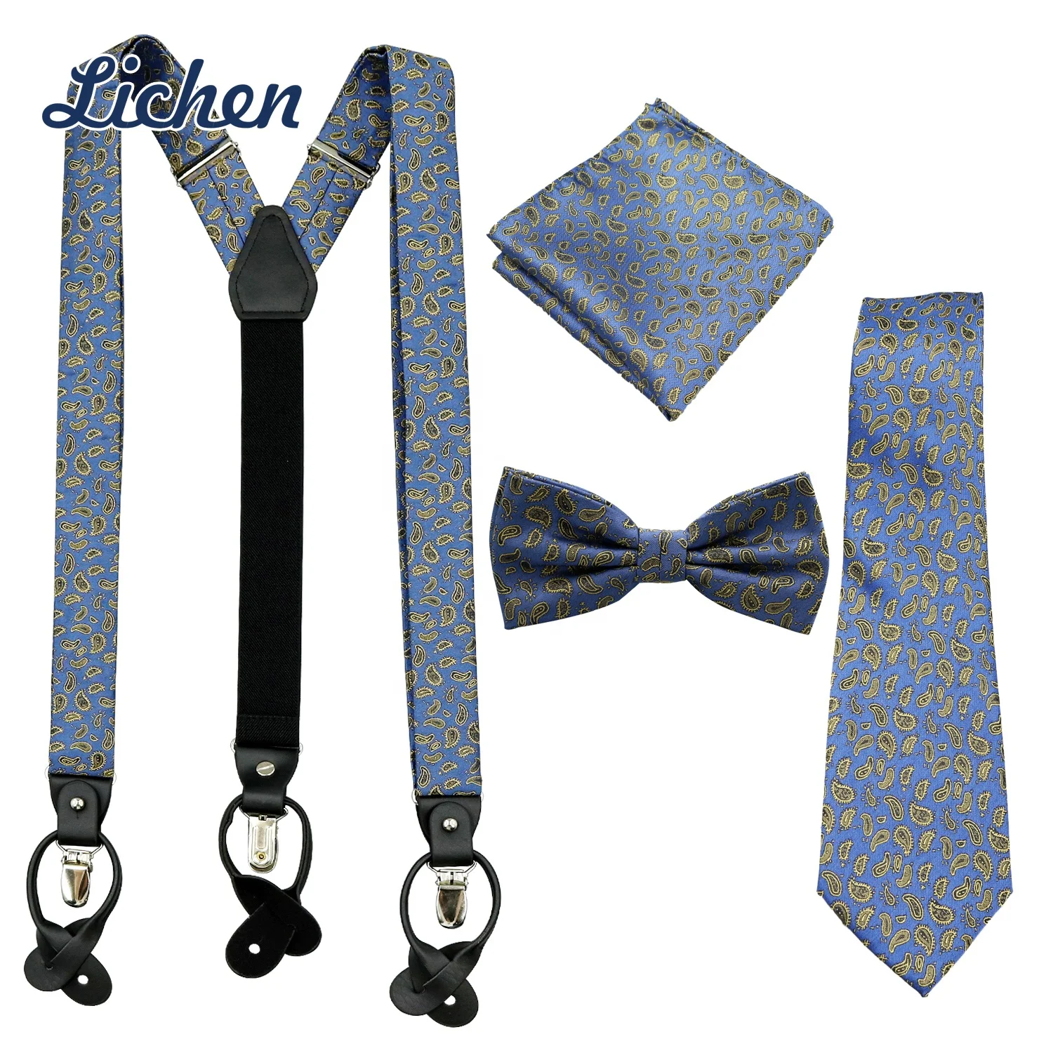 Elastic Fabric Suspender Set with Bow Tie Self Bow Tie and Handkerchief