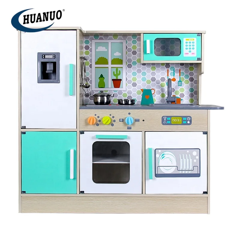 Modern style kitchen cabinet kid interactive development wooden kitchen tableware game big toy kitchen set