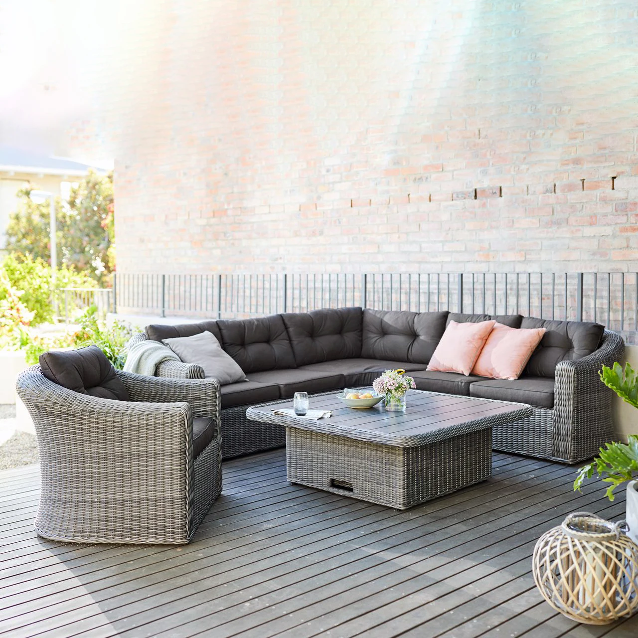 Rattan Outdoor Sofa With Low Coffee Table, Comfortable Corner Sectional Patio Wicker Rattan Furniture Set, Rattan Chair Bistro