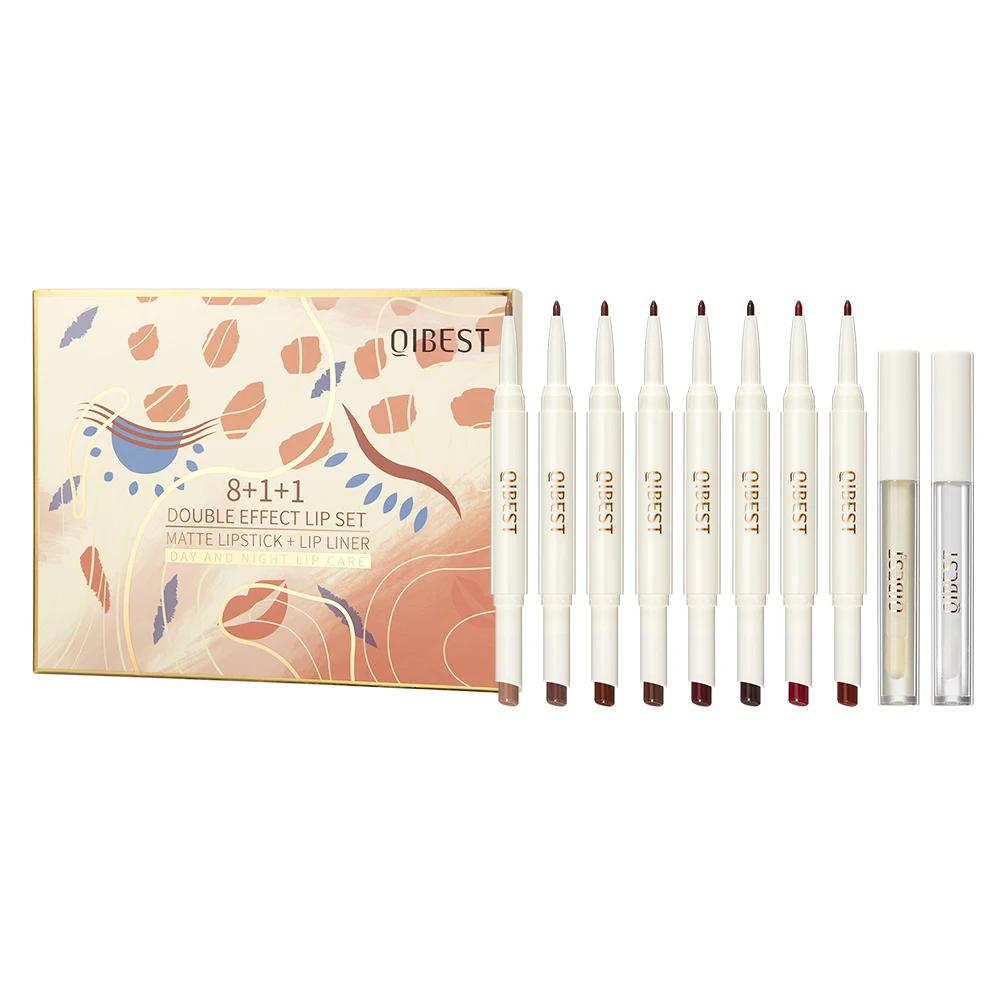 Double Headed 2 In 1 Design Matte Lipstick Lipliner Pencil Set Velvet Lip Liner Pen Clear Lip Oil Plumping