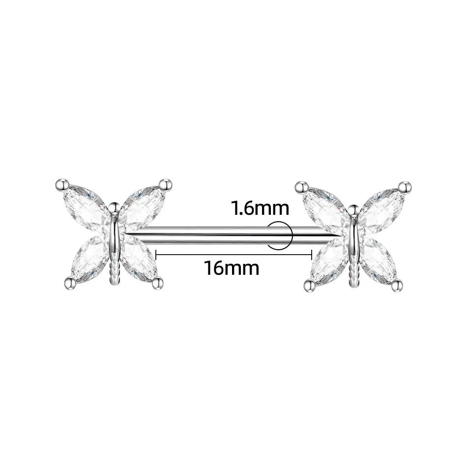 316L Butterfly Crystal Nipple Rings Nipple Piercing Tongue Rings 14G Straight Barbell Surgical Steel for Women Nipple Piercing