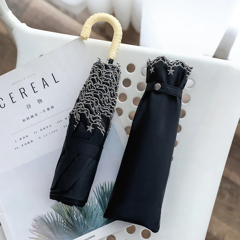 Super Lightweight Vintage Lace Flower Embroidery Folding UV Coated Umbrella with Custom Logo Curved Handle Three Foldable Colors