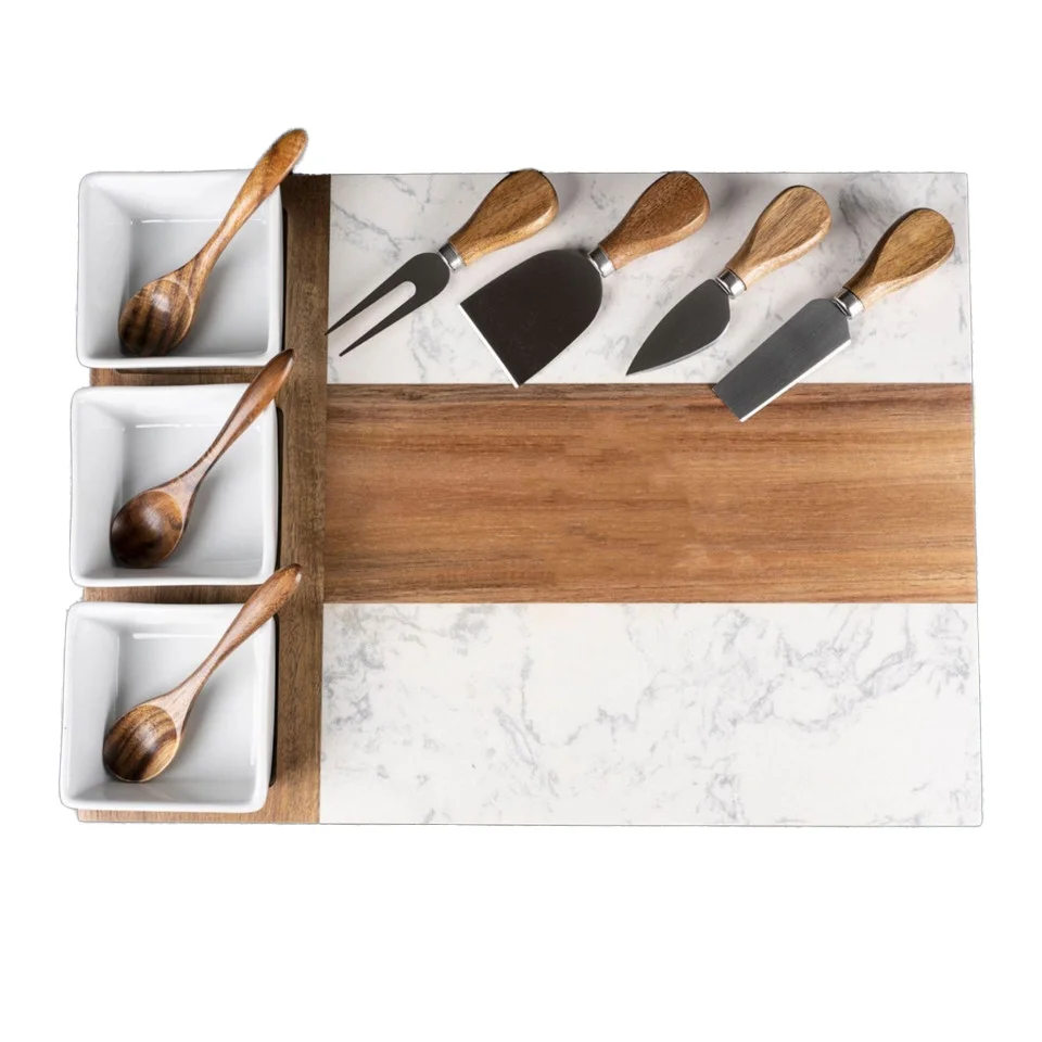 New Design Marble and Acacia Wood Charcuterie Board Cheese Board With 3 Ceramic Bowls bamboo cheese board and knife set