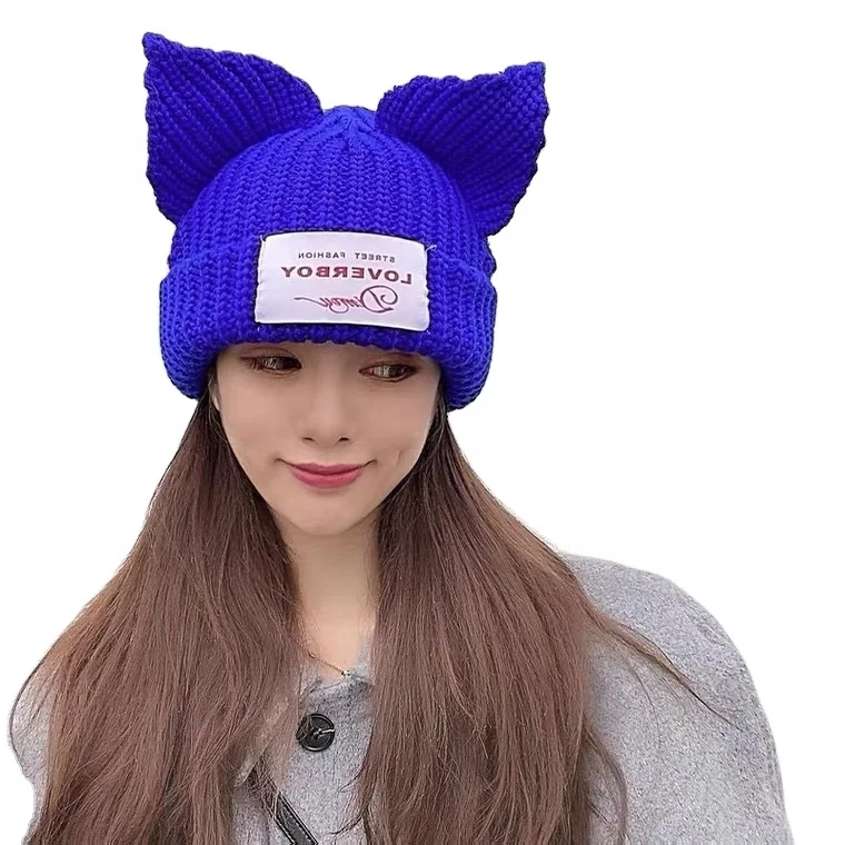 2023 acrylic wool hat woman Autumn winter cat pig ears knit hats cute cartoon warm Beanie Hats For Women