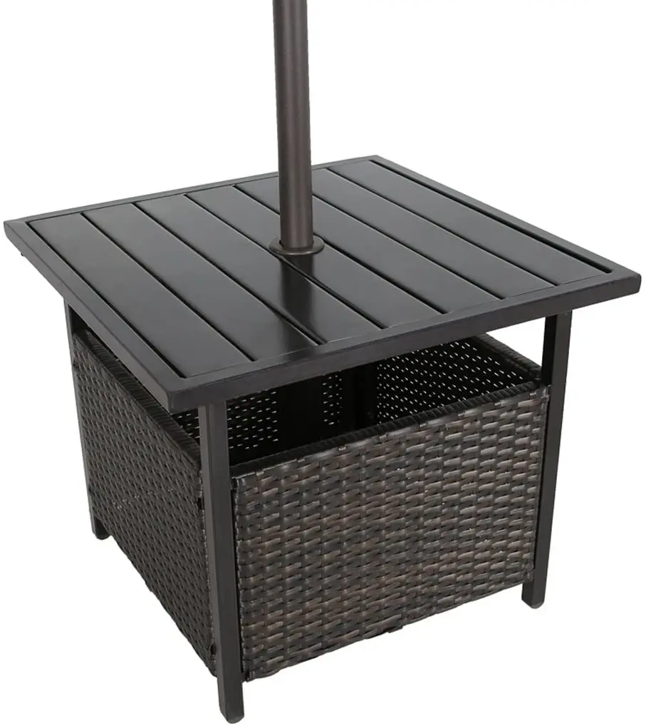 Patio Rattan Wicker Umbrella Side Table, outdoor bistro table with Umbrella Hole, umbrella stand