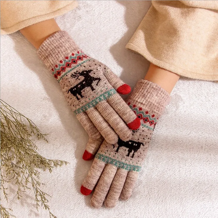 Cartoon Knitted Deer Finger Touch Screen Gloves for Outdoor Sports Skiing Fishing Cycling Daily Use Christmas Gift Made Cotton