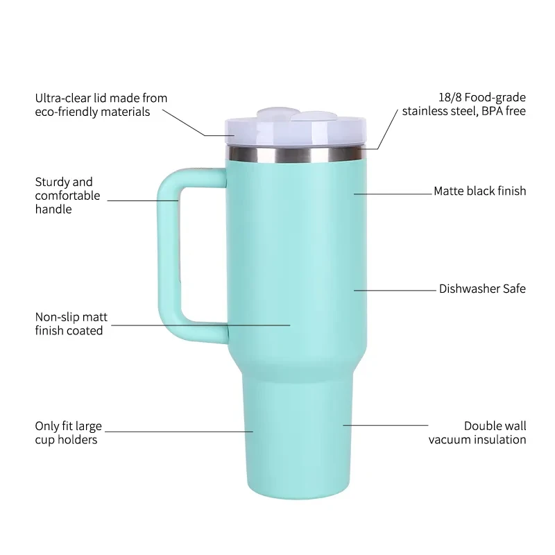 Custom 40oz Travels Car Metal Cup Stainless Steel Insulated Beer Coffee Mug Powder Coated 40 Oz Tumblers With Handle And Straw