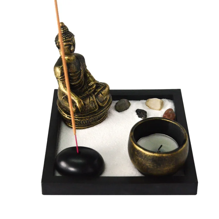 Zen Garden Buddha Statue Incense Burner Holder with Rock Sand Tealight Candle Holder