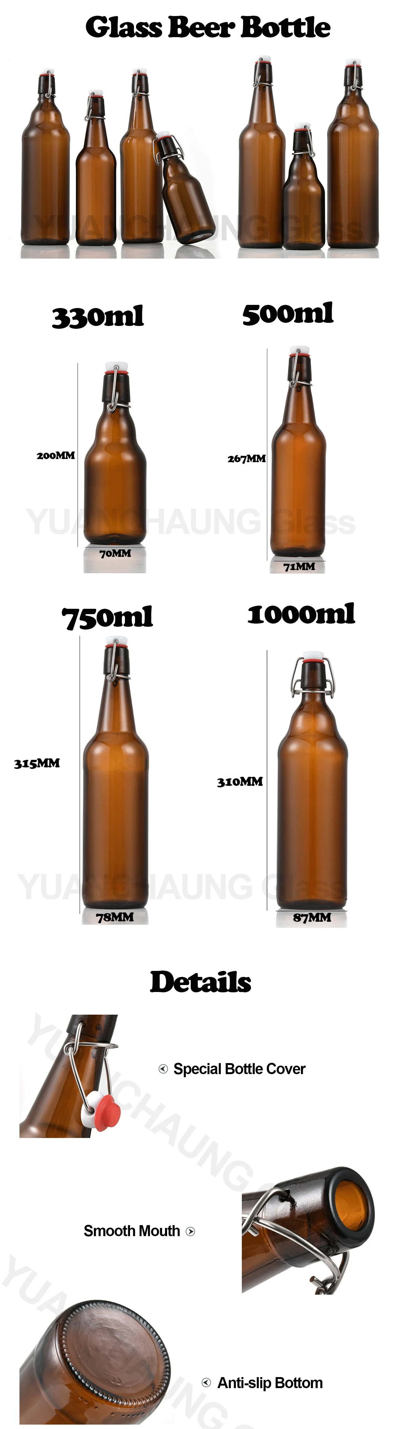 wholesale factory 330ml 500ml 750ml 1000ml Clear Small Beer Glass Swing Top Bottle with Stopper
