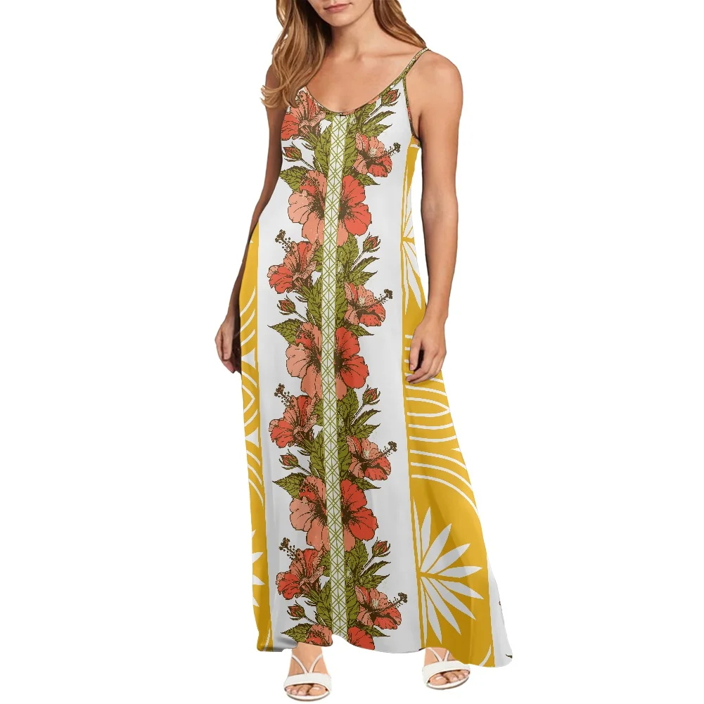 1MOQ Custom Logo Print Ladies Long Maxi Dresses Polynesian Tattoo Women Summer Casual Spaghetti Strap V Neck Sleeveless Dress