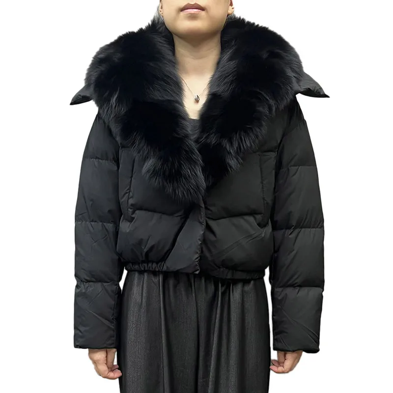Jancoco New Style Cropped Goose Down Coat Women Real Fox Fur Collar Puffer Jacket