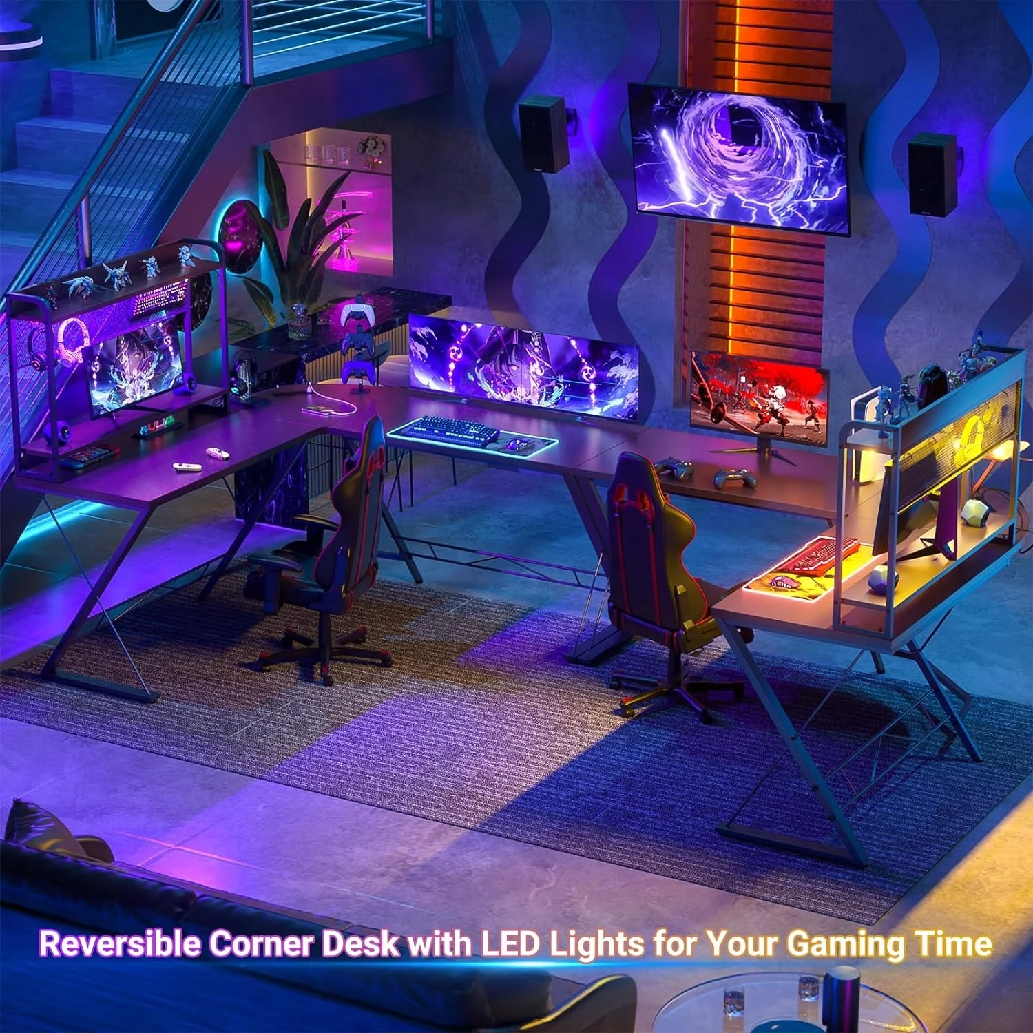 L Shaped Gaming Desk with LED Lights & Power Outlets pc gamer gaming table desk for home office L shape LED gaming desk